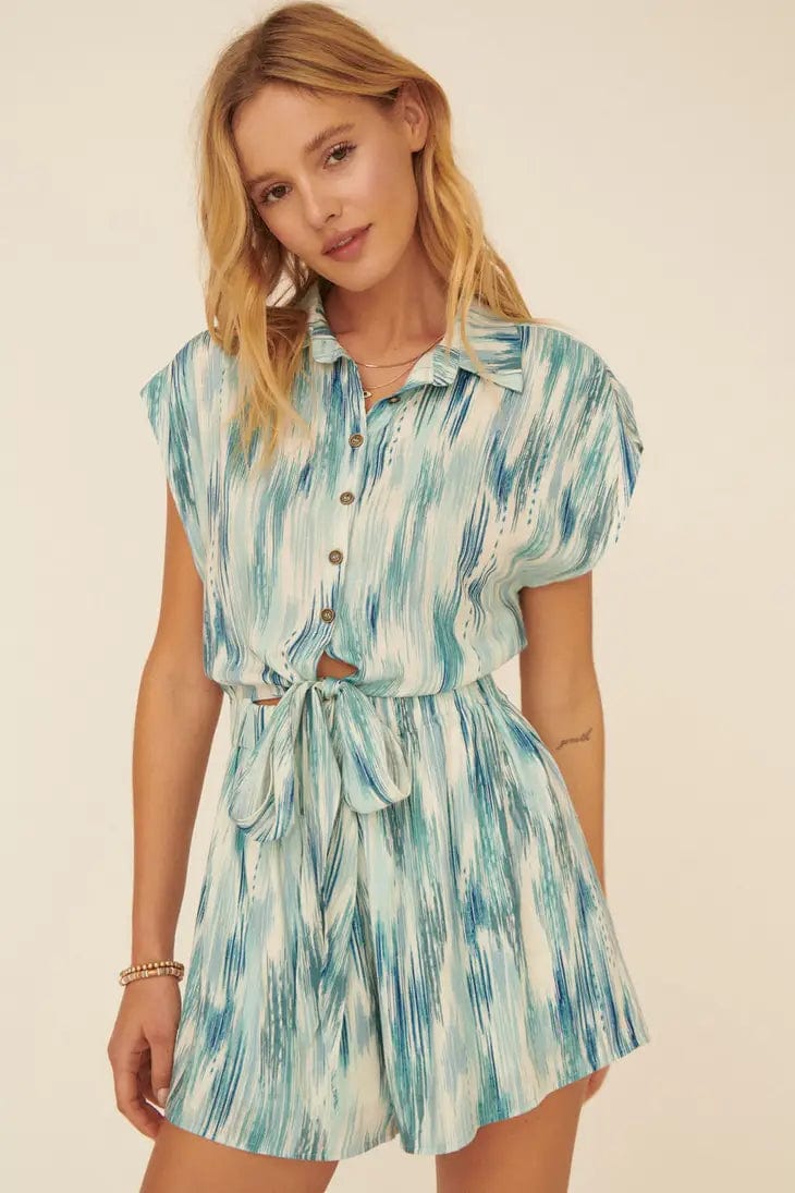Abstract Green and Blue Collared  Romper