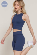 Load image into Gallery viewer, Blue Sleeveless Crew Neck Top &amp; Bier Shorts Seamless Rib Set
