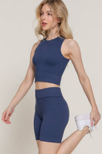 Load image into Gallery viewer, Blue Sleeveless Crew Neck Top &amp; Bier Shorts Seamless Rib Set
