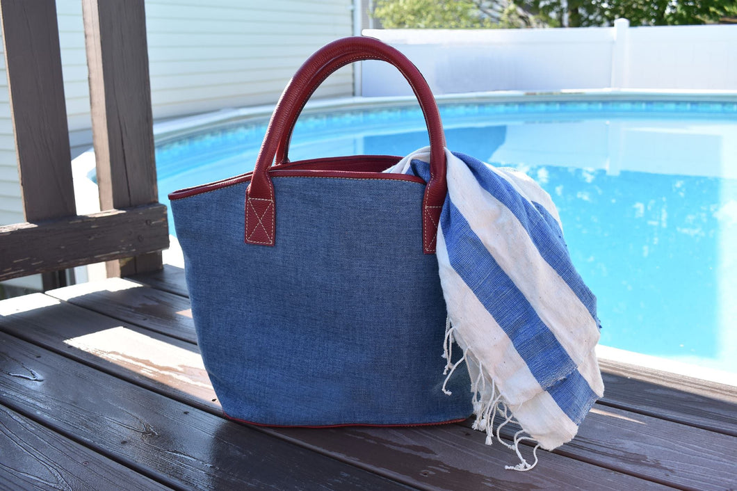 Indigo Tote Bag With Brown Leather Handles