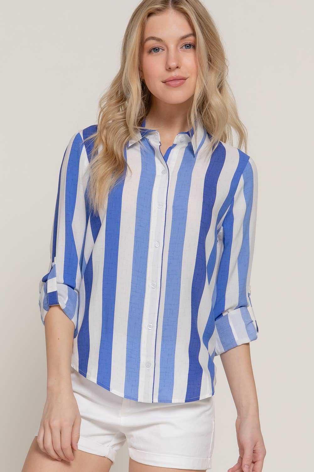 Long Sleeve Button Down Wide Blue Stripe Woven Shirt