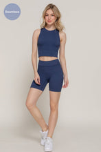 Load image into Gallery viewer, Blue Sleeveless Crew Neck Top &amp; Bier Shorts Seamless Rib Set
