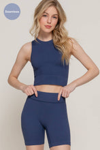 Load image into Gallery viewer, Blue Sleeveless Crew Neck Top &amp; Bier Shorts Seamless Rib Set
