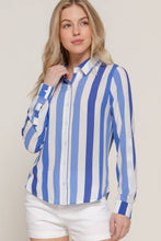 Load image into Gallery viewer, Long Sleeve Button Down Wide Blue Stripe Woven Shirt
