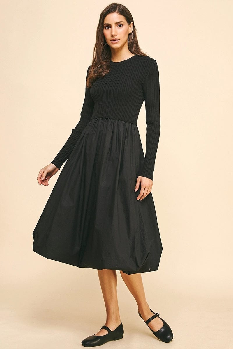 Black Contrast Balloon Midi Dress