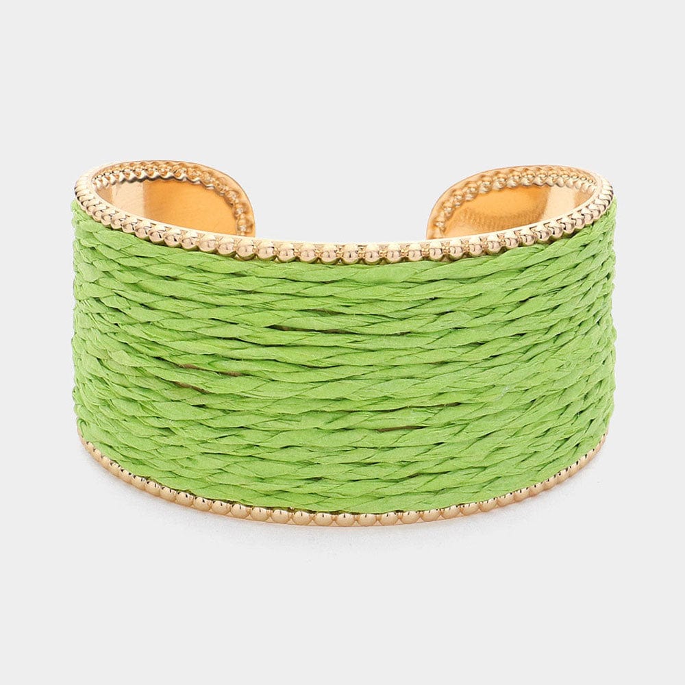 Green Raffia Cuff Bracelet With Gold Edge