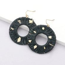 Load image into Gallery viewer, Gold Paint Splash Raffia Wrapped Open Circle Dangle Earrings
