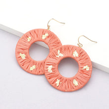 Load image into Gallery viewer, Gold Paint Splash Raffia Wrapped Open Circle Dangle Earrings
