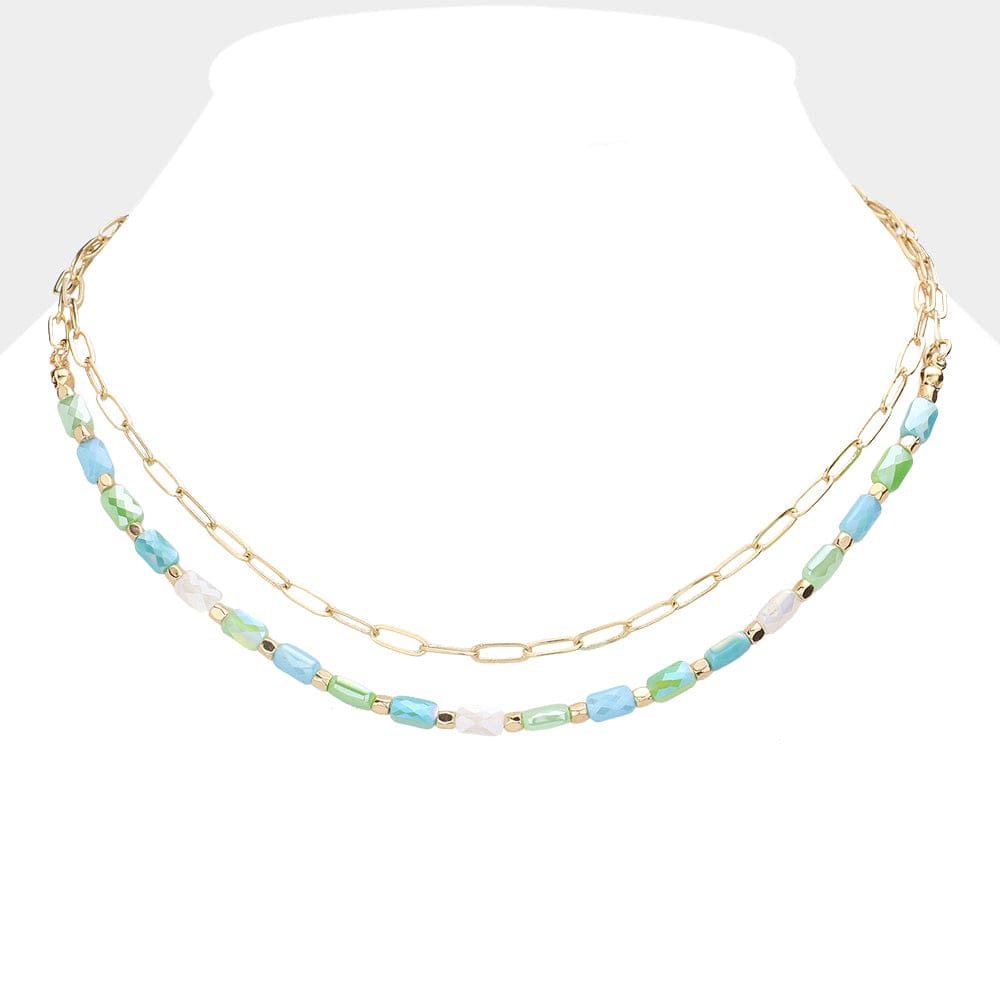 Faceted Rectangle Beaded Double Layered Necklace