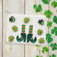 Load image into Gallery viewer, St Patricks Day Leprechaun Shoes Shamrock Clover Seed Beaded Mini Pouch Bag
