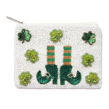 Load image into Gallery viewer, St Patricks Day Leprechaun Shoes Shamrock Clover Seed Beaded Mini Pouch Bag
