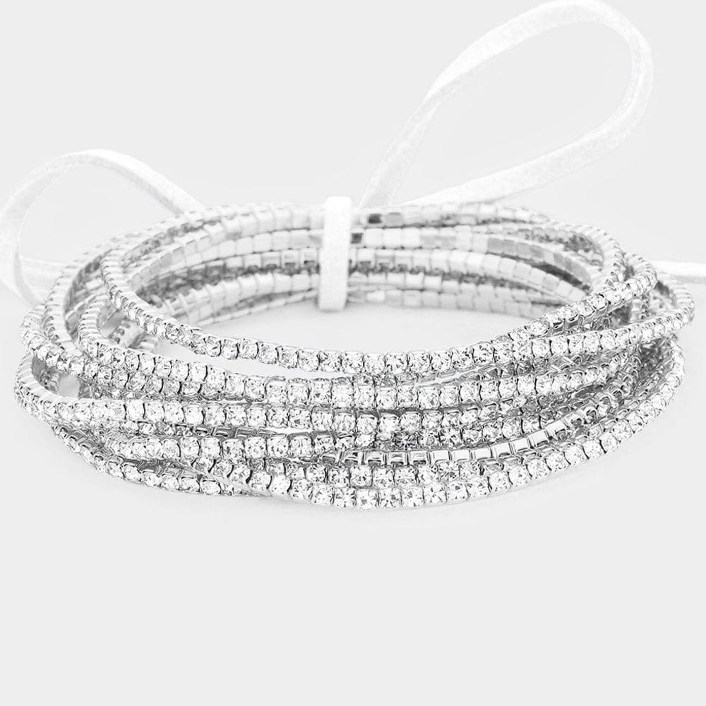 All Silver Rhinestone Layered Stretch Bracelets