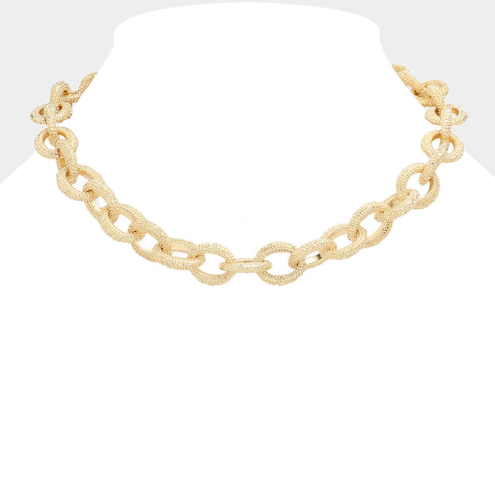 Textured Open Metal Gold Oval Link Collar Necklace