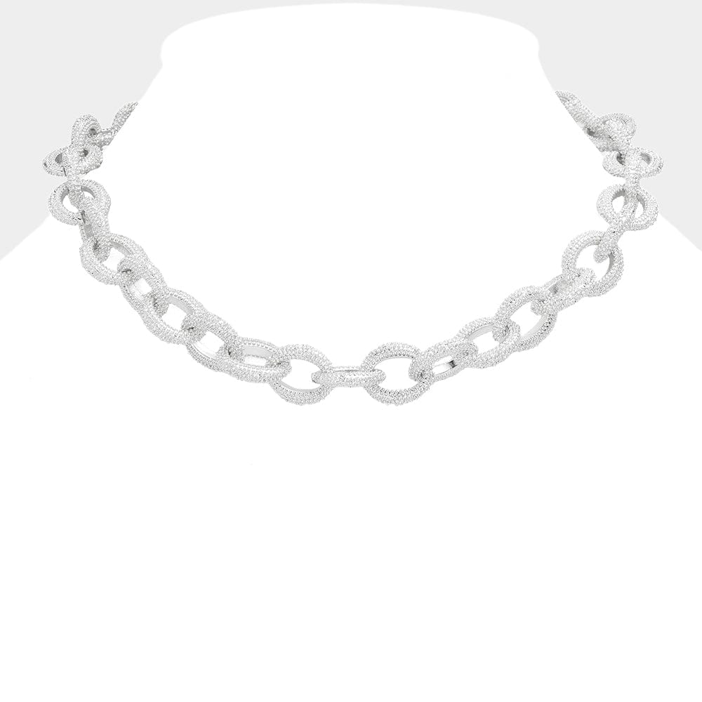 Textured Open Metal Silver Oval Link Collar Necklace