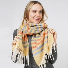 Load image into Gallery viewer, Mustard Red &amp; Gray Striped Fringe Scarf
