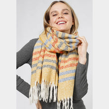 Load image into Gallery viewer, Mustard Red &amp; Gray Striped Fringe Scarf
