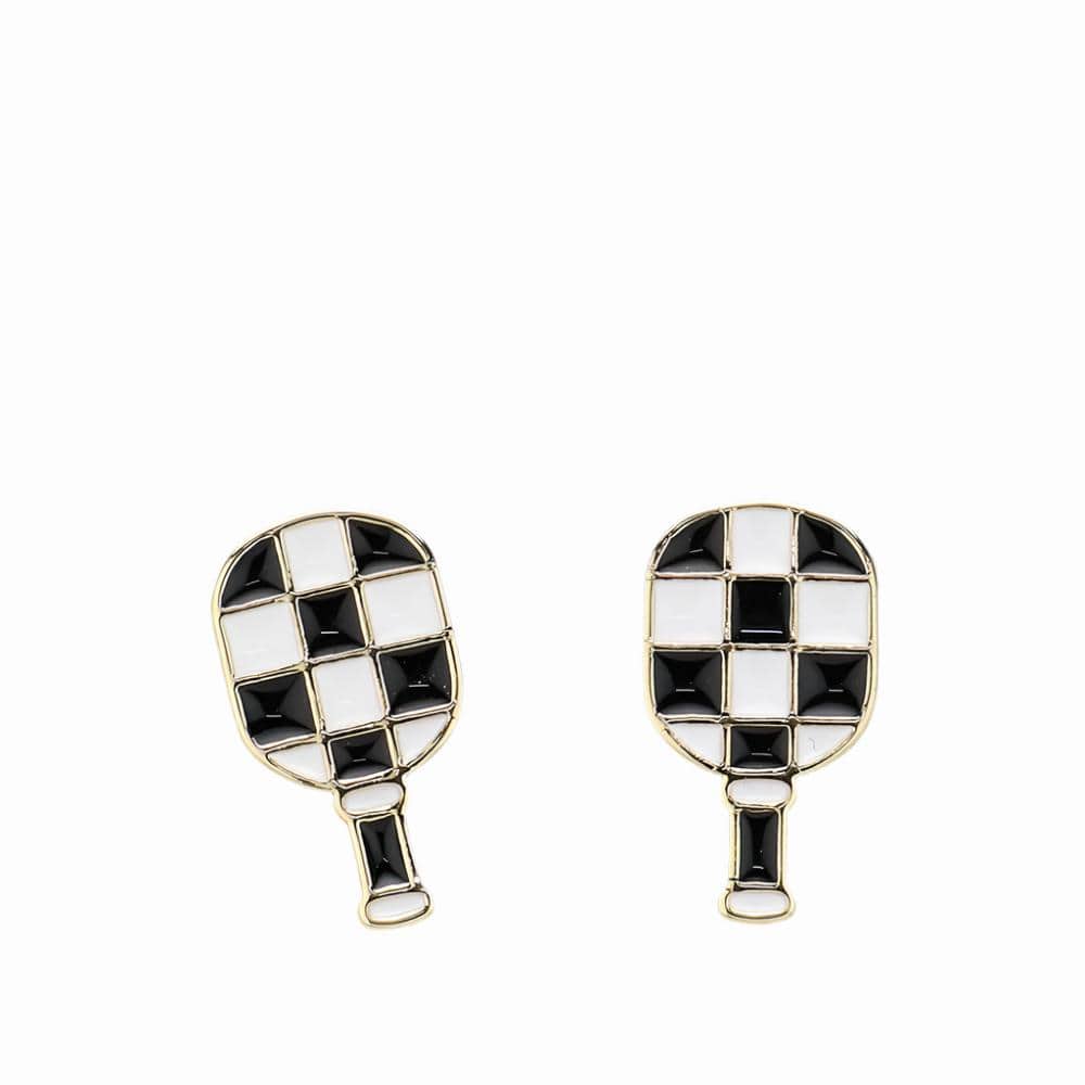 Enameled Checkered Pickleball Paddle Stud Earrings