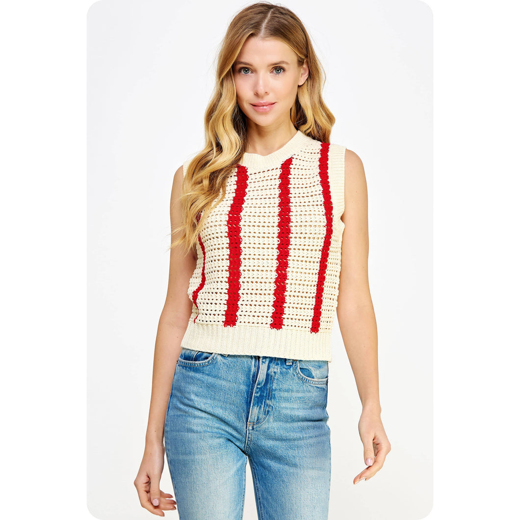 Crochet Red Stripes Sleeveless Top
