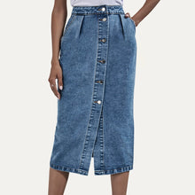 Load image into Gallery viewer, High Rise Button-Up Denim Midi Skirt
