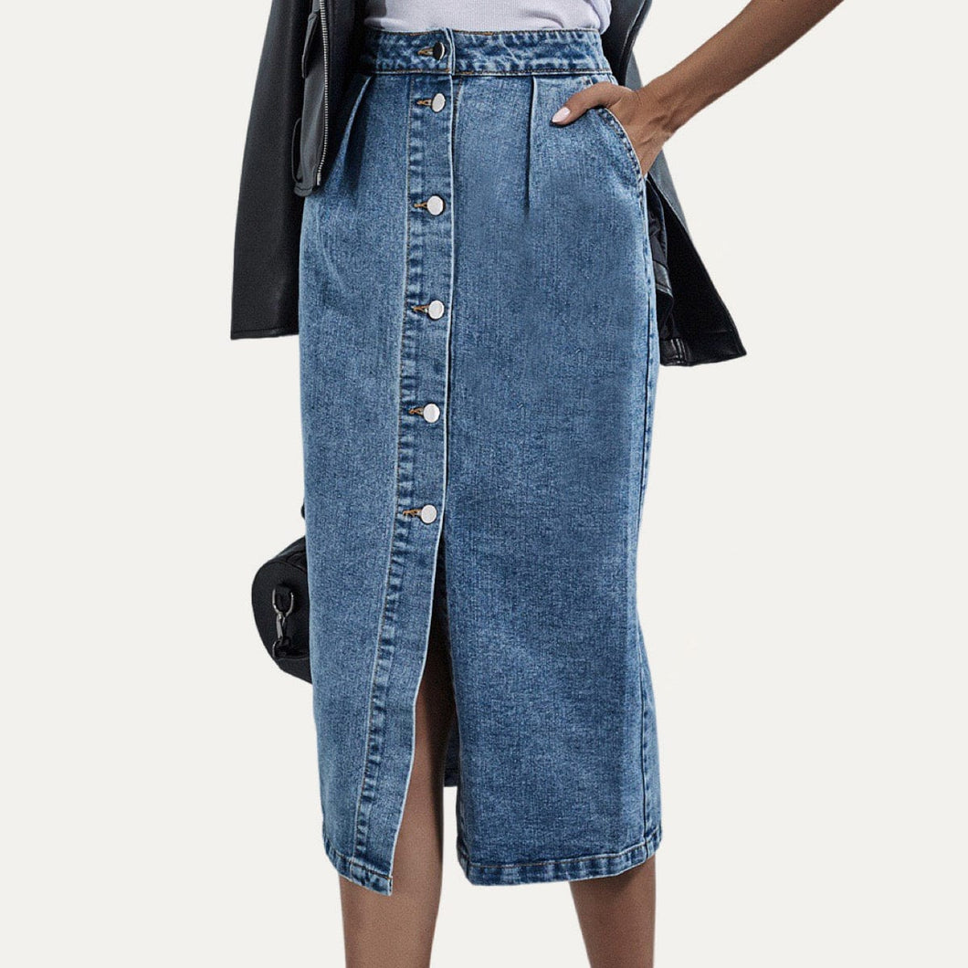 High Rise Button-Up Denim Midi Skirt