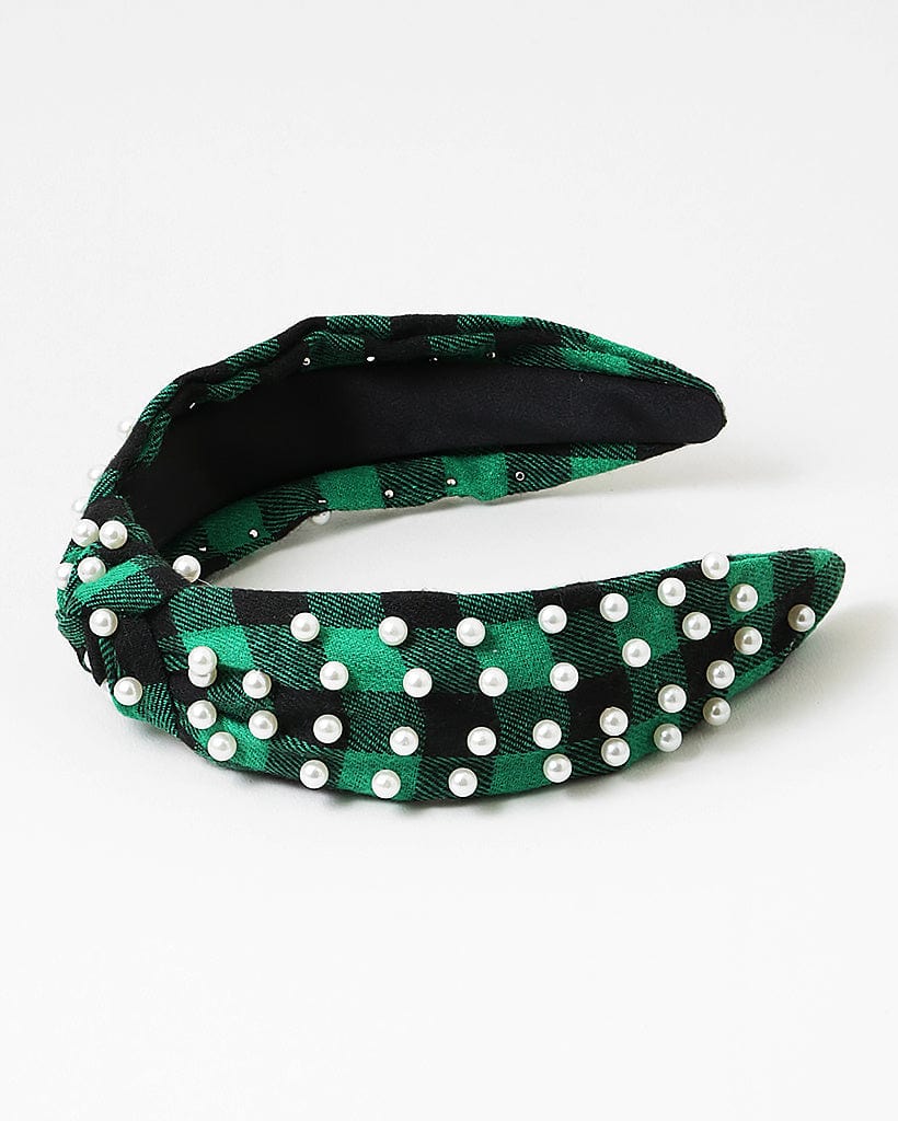Green Plaid with Pearls Headband
