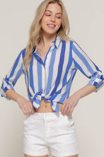 Load image into Gallery viewer, Long Sleeve Button Down Wide Blue Stripe Woven Shirt
