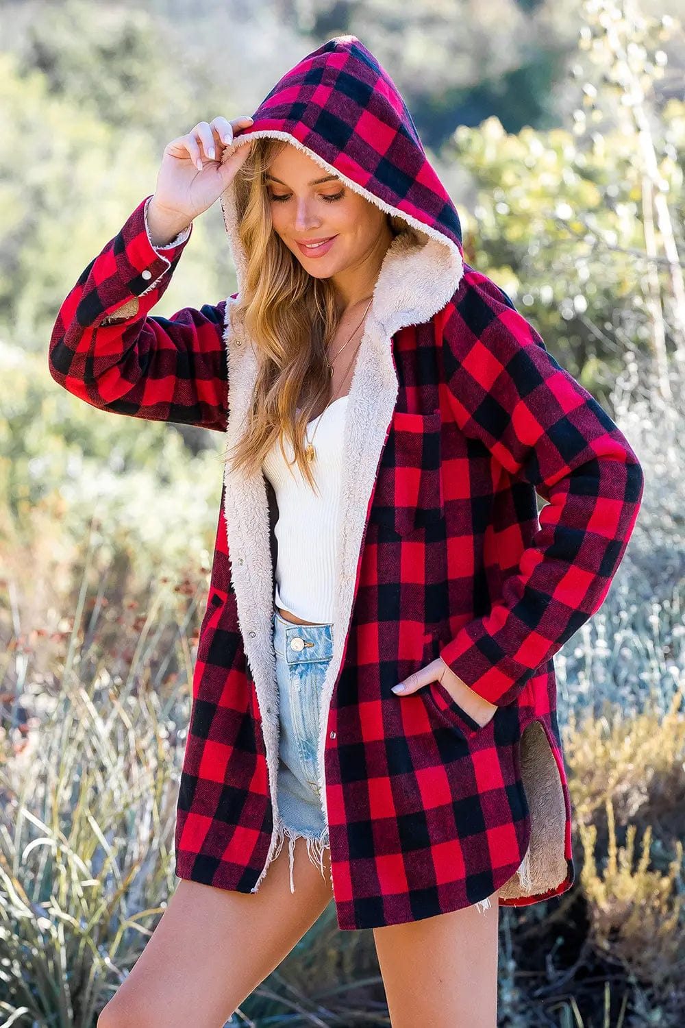 Red Plaid Sherpa-lined Hoodie Longline Jacket