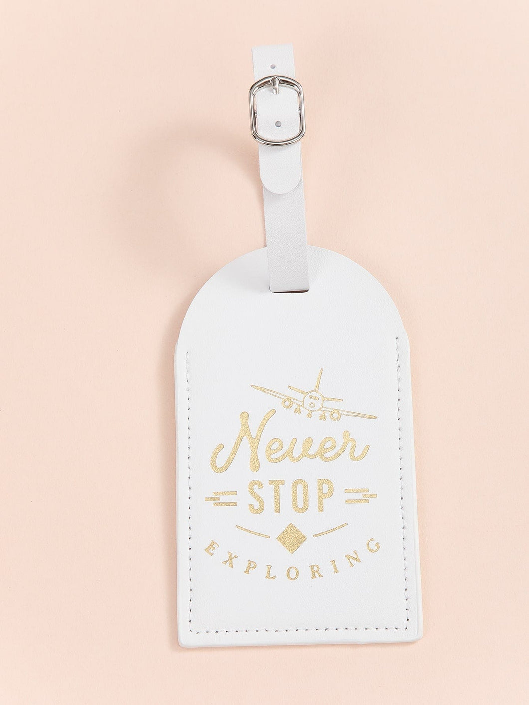 White Never Stop Exploring luggage tag