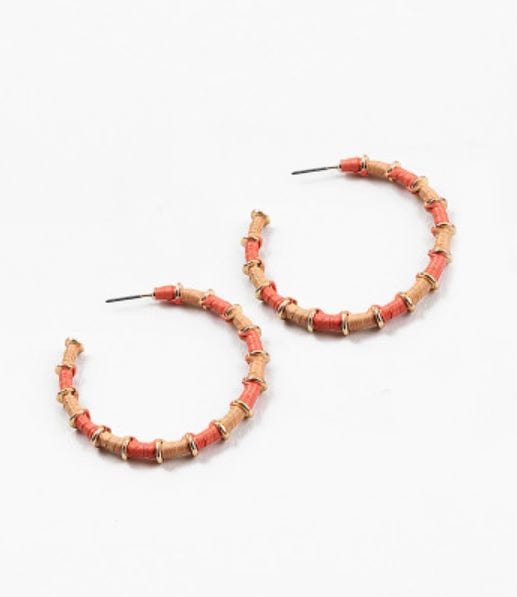 Coral and Natural Wrapped Hoop  Earrings