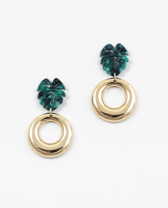 Leaf with Gold Circle Earrings