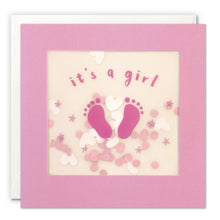 Load image into Gallery viewer, It’s a Girl Pink Feet Paper Shakies Card
